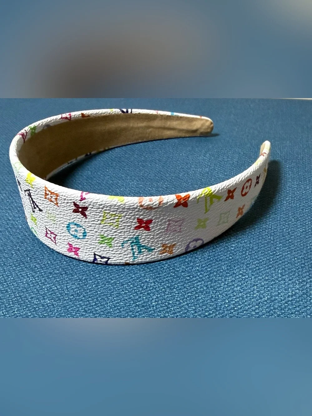 Designer, vegan leather, white pink purple, multicolored monogram Headband new